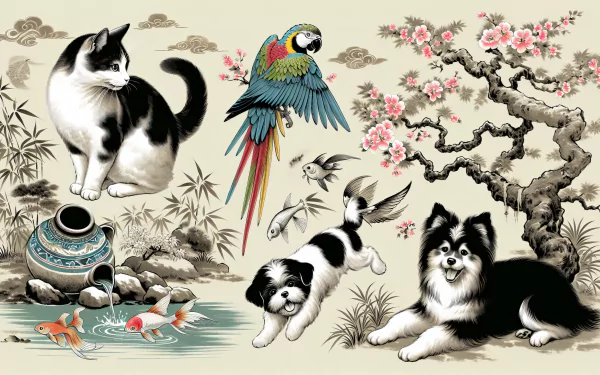 HD desktop wallpaper featuring pets with a cat, parrot, dogs, and koi fish in a serene oriental garden scene.