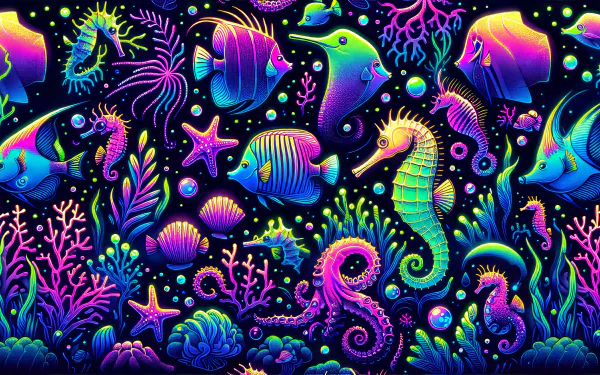 Vibrant HD desktop wallpaper featuring a colorful array of marine life, including fish, seahorses, and corals, set against a dark background bursting with aquatic energy.