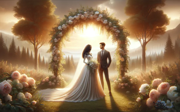 A serene wedding scene featuring a couple under a floral arch, set against a picturesque landscape, making for a beautiful HD desktop wallpaper.