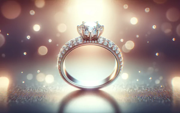 Sparkling wedding ring with diamond detail on a shimmering background, HD desktop wallpaper.