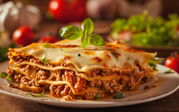 A delicious plate of lasagna, layered with meat and cheese, garnished with fresh basil, set against a blurred background of tomatoes and garlic. A tempting HD desktop wallpaper.