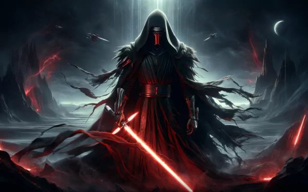 Star Wars themed HD desktop wallpaper featuring a Sith character with a red lightsaber in a dramatic dark landscape.