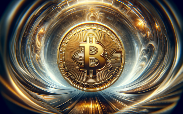 HD wallpaper of a shining Bitcoin emblem with dynamic light effects, perfect for cryptocurrency enthusiasts' desktop background.