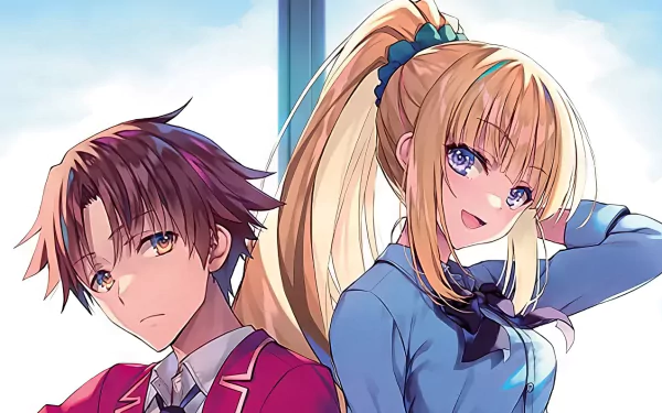 HD wallpaper featuring Kiyotaka Ayanokōji and Kei Karuizawa from Classroom of the Elite anime series.
