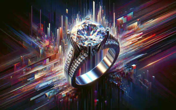 Diamond ring with brilliant cut set on a band against a dynamic, digitally-rendered background - HD desktop wallpaper.