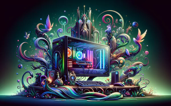 HD desktop wallpaper featuring a vibrant, artistic gaming PC setup with whimsical, colorful fantasy elements surrounding it.