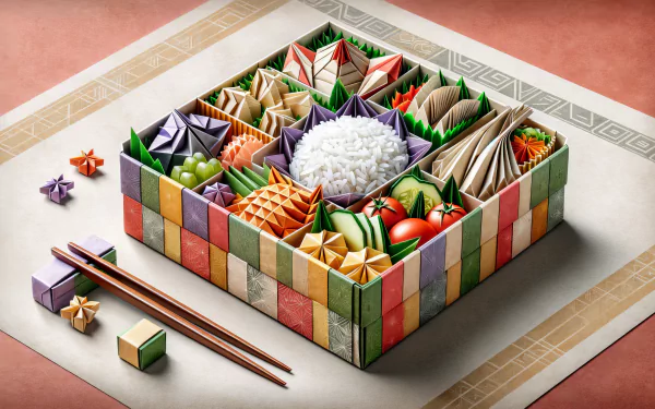 Colorful origami bento box arrangement as HD desktop wallpaper, featuring neatly folded paper vegetables and rice with chopsticks on the side.