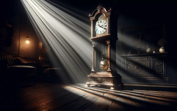 A beautifully crafted grandfather clock stands in a dimly lit room, illuminated by dramatic rays of light, creating an inviting atmosphere for a HD desktop wallpaper and background.