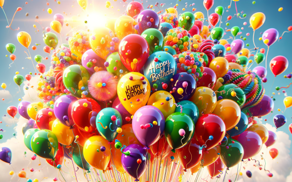 Colorful Happy Birthday balloon wallpaper with vibrant balloons and confetti for desktop background.