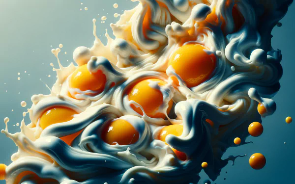 A vibrant HD desktop wallpaper featuring a dynamic swirl of creamy whites and bright yellow yolks, capturing the essence of eggs in an artistic and lively composition.