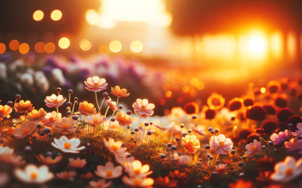 HD wallpaper of a vibrant flower garden at sunset with a warm glow illuminating the flower bed.
