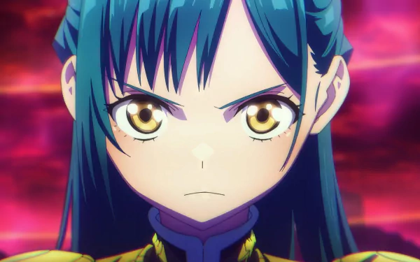 HD wallpaper of Himari Azuma, the chained soldier character from an anime, with intense eyes against a vibrant pink background.