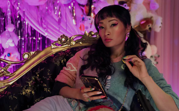 A stylish woman sits on an ornate couch, holding a phone and a snack, with vibrant purple decor and plush toys in the background, showcasing a scene from the TV show *The Brothers Sun*.
