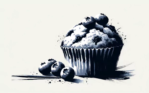 A beautifully illustrated blueberry muffin sits prominently, surrounded by fresh blueberries, creating a visually appealing HD desktop wallpaper and background.