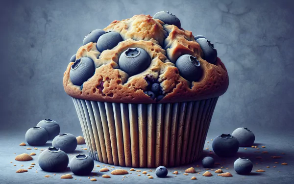 HD desktop wallpaper of a blueberry muffin surrounded by scattered blueberries on a textured background.