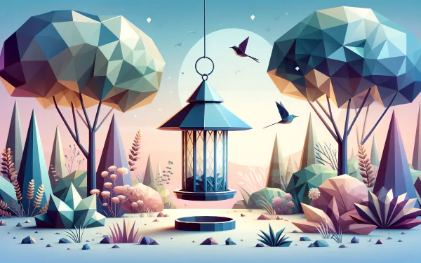 A vibrant bird feeder surrounded by low-poly trees and lush plants, set against a serene, pastel background, creating a captivating HD desktop wallpaper.