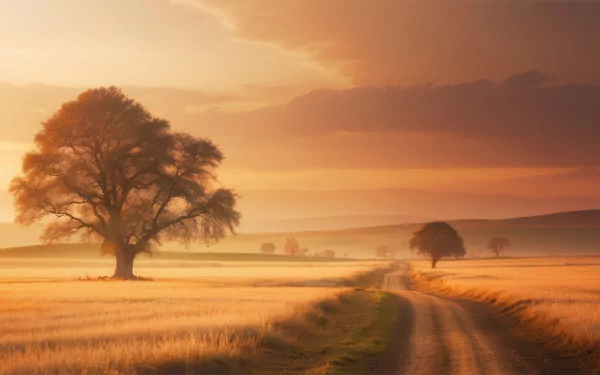 HD desktop wallpaper of a peaceful landscape featuring a dirt road winding through golden fields with trees under a soft, warm sky.