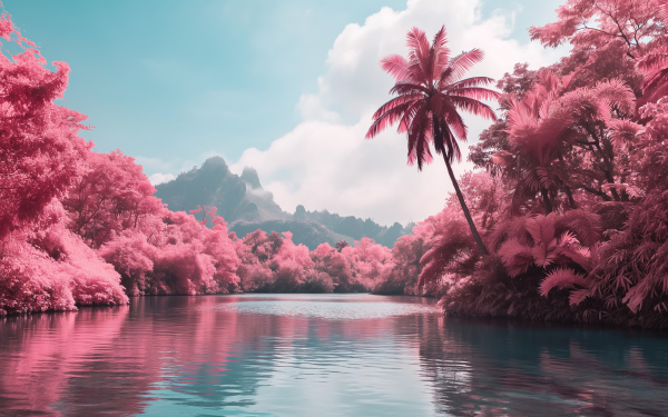 HD desktop wallpaper featuring a serene landscape with pink foliage, a tranquil river, and mountains under a soft blue sky, embodying a pink aesthetic.