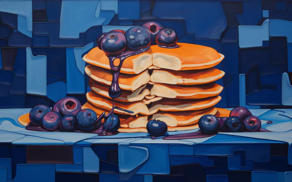 High-definition desktop wallpaper featuring a stack of blueberry pancakes with fresh blueberries and syrup.