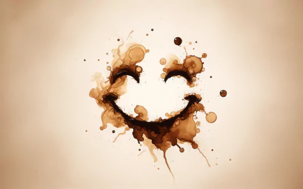 HD desktop wallpaper featuring a creative happy face made from coffee-colored splashes on a beige background, embodying joy and positivity.