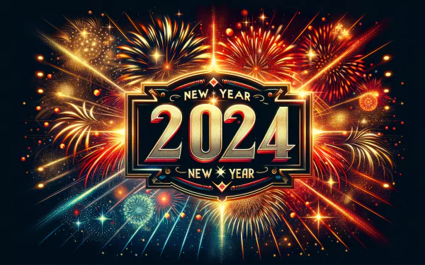 HD desktop wallpaper of New Year 2024 celebration with vibrant fireworks display.