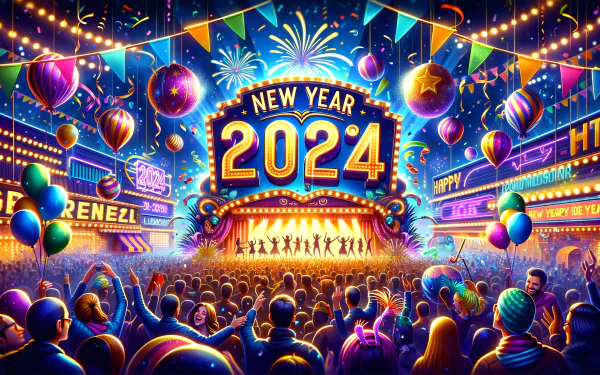 Alt Text: Vibrant New Year 2024 celebration HD wallpaper with colorful fireworks, balloons, and a festive crowd.