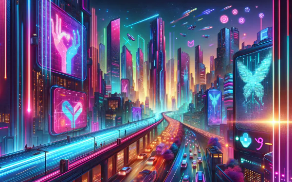 HD wallpaper featuring a vibrant cyberpunk cityscape with neon lights and futuristic buildings.
