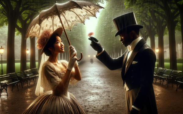 Romantic HD wallpaper featuring an elegant couple with vintage attire in an enchanted park setting