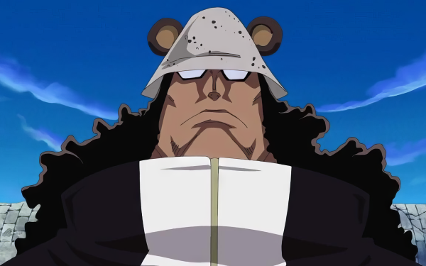 HD wallpaper of Bartholomew Kuma from the anime One Piece, posing against a blue sky backdrop, perfect for desktop background.