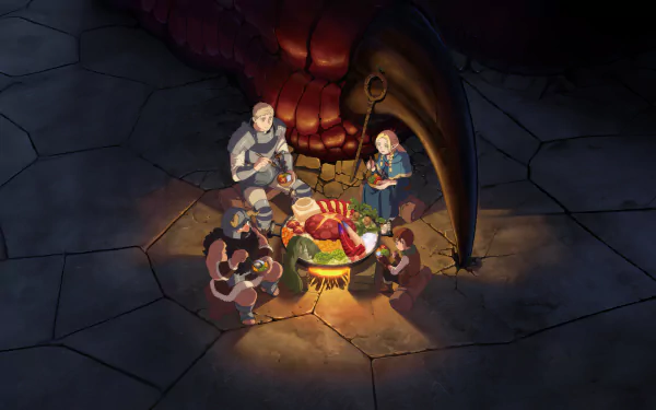 HD wallpaper of 'Delicious in Dungeon' anime scene featuring characters dining in a dimly lit dungeon with a stylized feast.