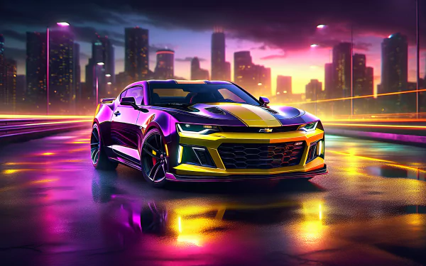 HD wallpaper featuring a Chevrolet Camaro against a vibrant cityscape at dusk.