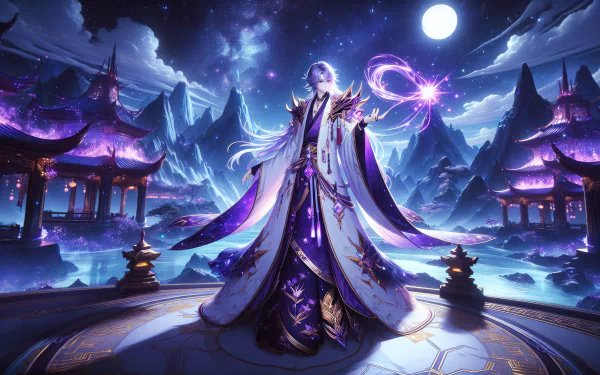 Majestic fantasy character in an ethereal landscape with glowing moons and traditional pagodas, HD desktop wallpaper.