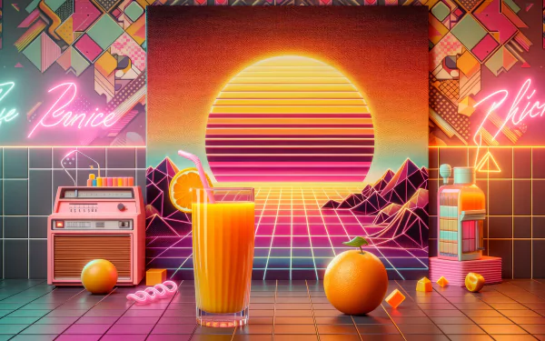 HD desktop wallpaper featuring a vibrant retro-themed design with a glass of orange juice, fresh orange, and neon aesthetics.