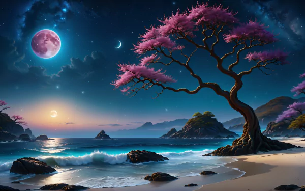 tree moon seashore night HD Desktop Wallpaper | Background Image