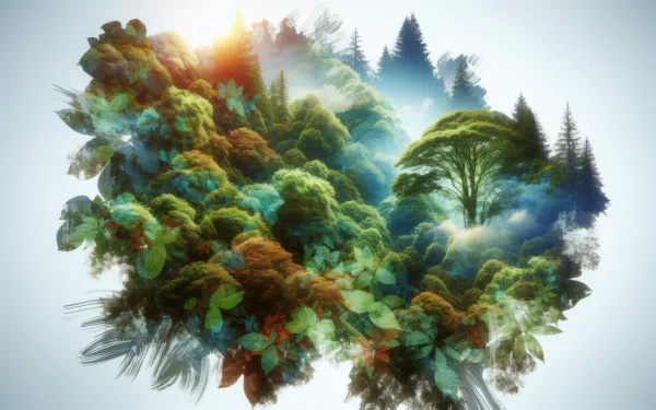 HD desktop wallpaper featuring a lush foliage design with various trees and sunlight peeking through.