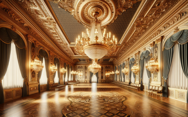 HD wallpaper featuring an elegant ballroom with ornate chandeliers, luxurious decor, and refined architecture, perfect for a desktop background.