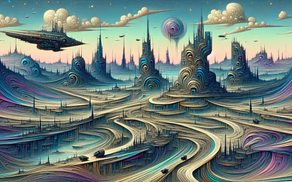 HD science fiction desktop wallpaper featuring a futuristic cityscape with swirling roads and floating vehicles against a surreal sky.