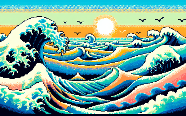 HD wallpaper of a stylized ocean wave under a sunset for desktop background.