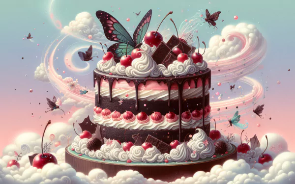 HD Desktop Wallpaper featuring whimsical Black Forest Cake surrounded by butterflies and cherries with a dreamy cloudy background.