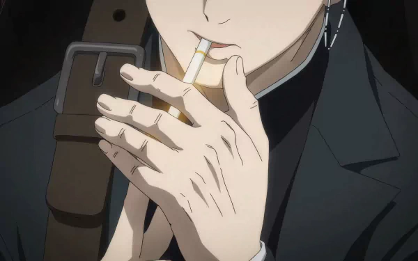 HD anime wallpaper featuring a close-up of a character from The Witch and the Beast lighting a cigarette, with a dark background.
