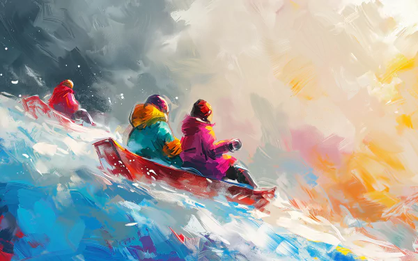 A vibrant HD desktop wallpaper featuring three figures sledding down a snowy slope, surrounded by a dramatic, colorful sky that captures the excitement of winter sports.