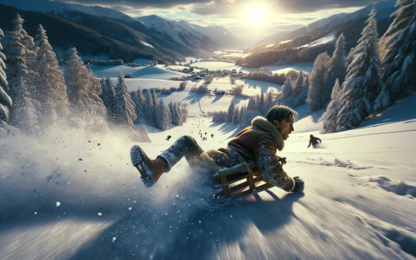 Person sledding down a snowy hill at sunset, HD wallpaper with winter landscape background.