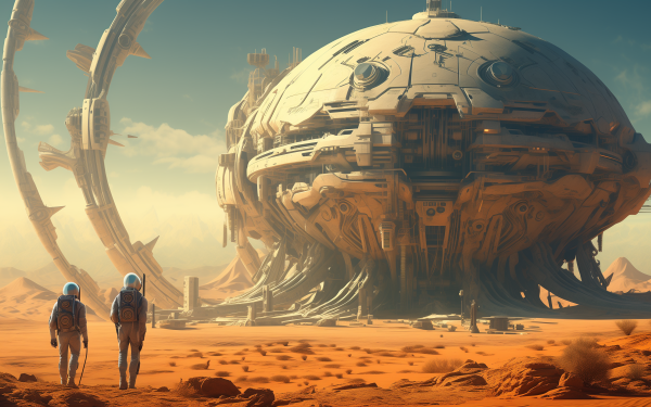 High-definition sci-fi wallpaper featuring astronauts approaching a massive spaceship on a desert planet