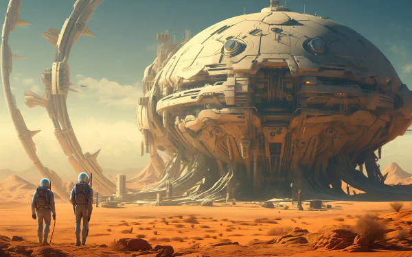 High-definition sci-fi wallpaper featuring astronauts approaching a massive spaceship on a desert planet