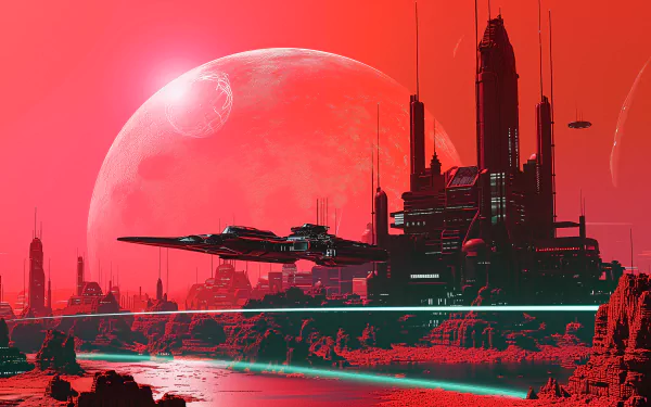 Sci-fi themed HD desktop wallpaper featuring a futuristic cityscape with a large moon, flying spacecraft, and a vivid red palette.
