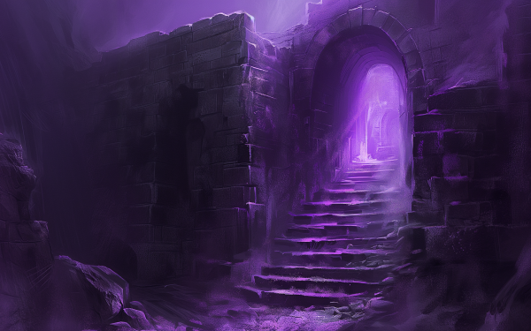 HD fantasy ruin wallpaper depicting mystical purple-hued ruins with an archway and ascending stairs, perfect for a desktop background.