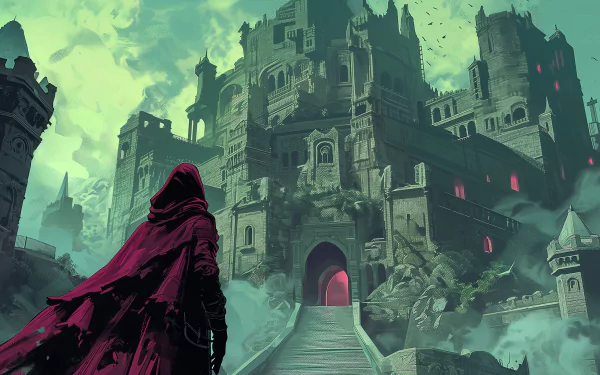 A mysterious figure in a crimson cloak stands before an ominous, ancient castle shrouded in mist, embodying the essence of fantasy adventure in this captivating HD wallpaper.
