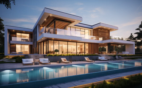 A luxurious modern home with sleek architecture, expansive glass windows, and a serene pool area, creating an inspiring HD desktop wallpaper and background.