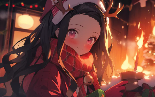HD wallpaper of Nezuko Kamado from Demon Slayer: Kimetsu no Yaiba in a festive Christmas setting, with glowing lights and warm holiday ambiance.