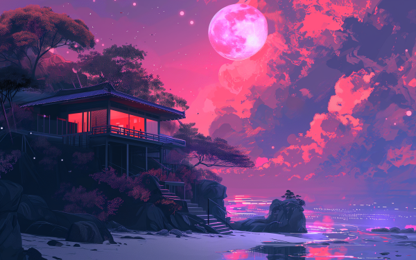 Dream home aesthetic HD wallpaper featuring a tranquil house overlooking a sparkling sea under a luminous pink moon amid a surreal pink and purple sky.